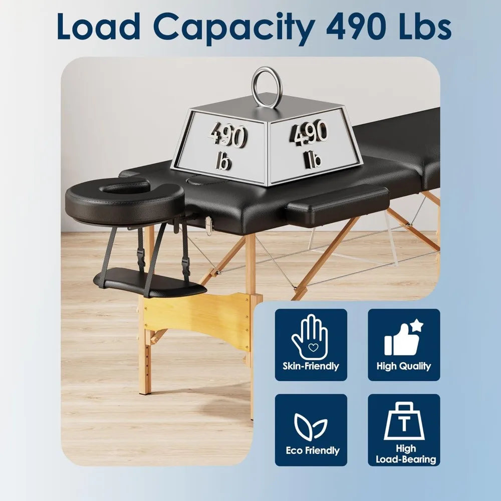 Massage Table Portable Wooden Lash Bed 24" Wide Adjustable Height 2-Fold Spa Table Foldable Tattoo Bed (Black)