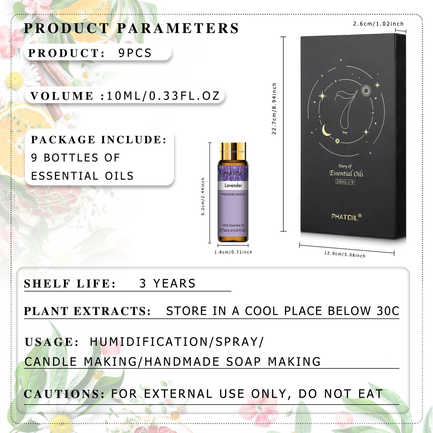 Phatoil 9pcs Gift Set 10ml Pure Natural Essential Oils Kit  Vanilla Sandalwood Neroli Helichrysum Lemon Eucalyptus Spearmint