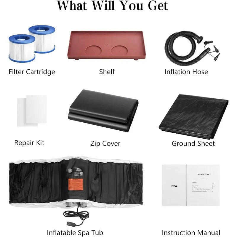 Hot Tub Inflatable Portable Oval Spa 2 Person Hot Tub with 90 Bubble Jets, Cover, Filter Cartridges, Pump, Black