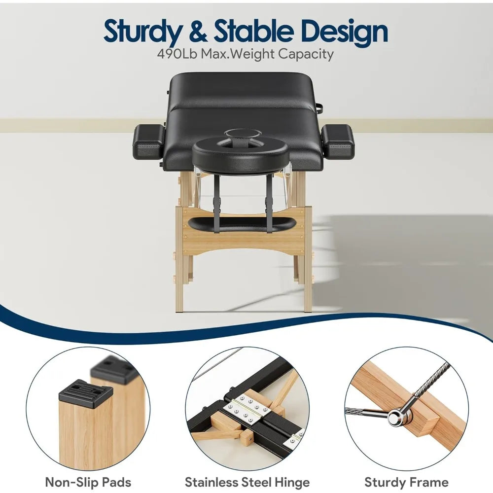 Massage Table Portable Wooden Lash Bed 24" Wide Adjustable Height 2-Fold Spa Table Foldable Tattoo Bed (Black)