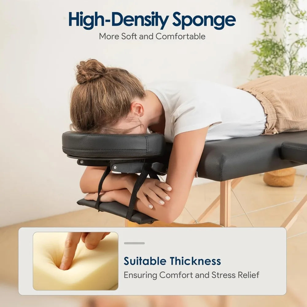 Massage Table Portable Wooden Lash Bed 24" Wide Adjustable Height 2-Fold Spa Table Foldable Tattoo Bed (Black)