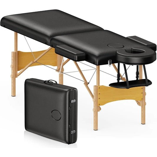 Massage Table Portable Wooden Lash Bed 24" Wide Adjustable Height 2-Fold Spa Table Foldable Tattoo Bed (Black)