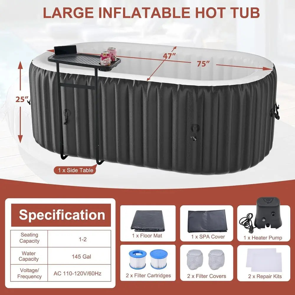 Inflatable Hot Tub, 75 X 47 X 25 Oval Portable Hot Tub with 100 Bubble Jets, Outdoor Spa Bathtub Set Included Heater Pump, Filte
