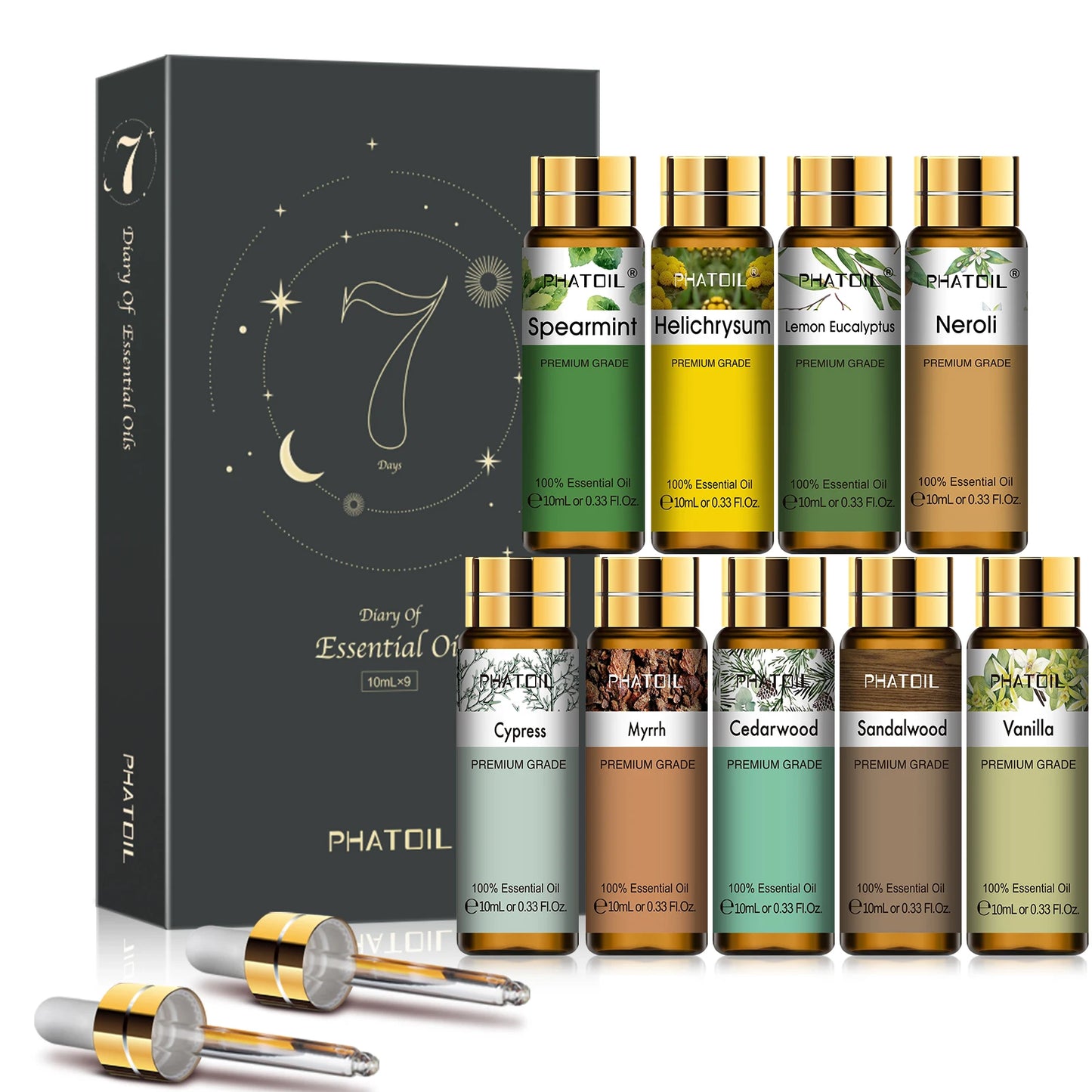 Phatoil 9pcs Gift Set 10ml Pure Natural Essential Oils Kit  Vanilla Sandalwood Neroli Helichrysum Lemon Eucalyptus Spearmint