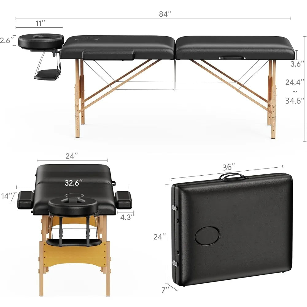 Massage Table Portable Wooden Lash Bed 24" Wide Adjustable Height 2-Fold Spa Table Foldable Tattoo Bed (Black)