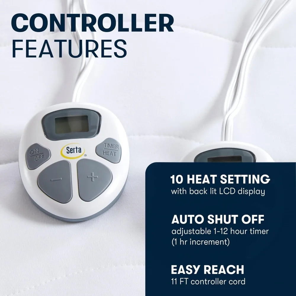 Queen Size Serta Electric Mattress Pad with 10 Heat Settings, Auto Shut-Off Timer, and Deep Elastic Pockets